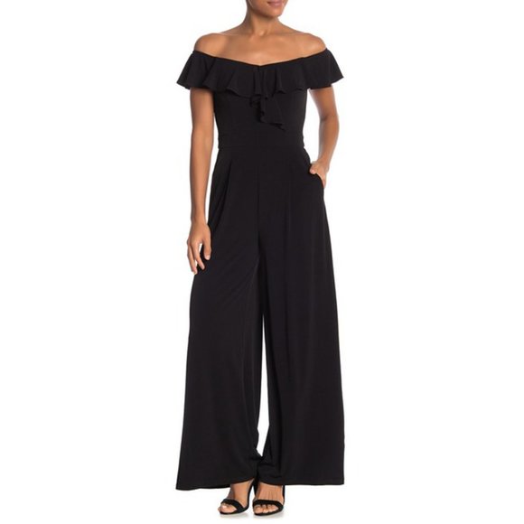 🌺SOLD🌺Eliza J | Black Off-the-Shoulder Ruffle Wide Leg Jumpsuit Pockets 6 - Picture 1 of 8